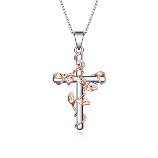 Flag Village Sterling Silver Rose Flower Cross Pendant Necklace Jewelry Gifts