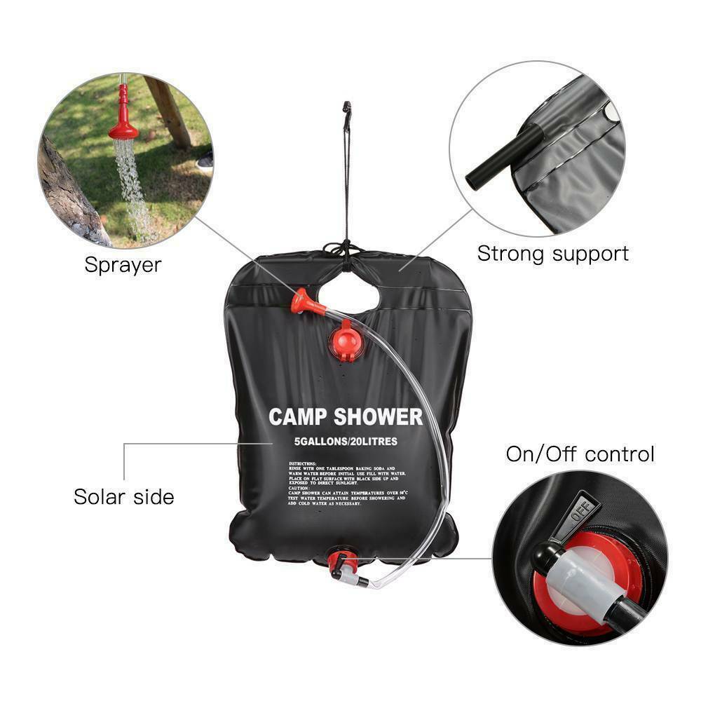 Flag Village 20L Camping Shower Portable Compact Solar Sun Heating Bath Bag Outdoor Travel