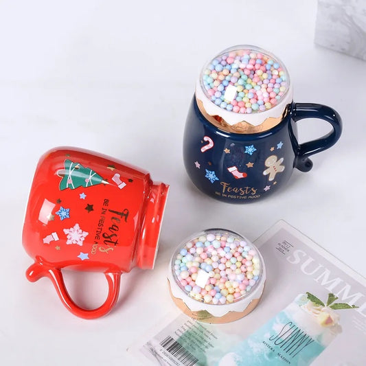 Flag Village Christmas Mugs Set With Lid And Spoon Xmas Gift Box Set Ceramic Cartoon Couples Santa Claus Milk Cocoa Cup For Home Office