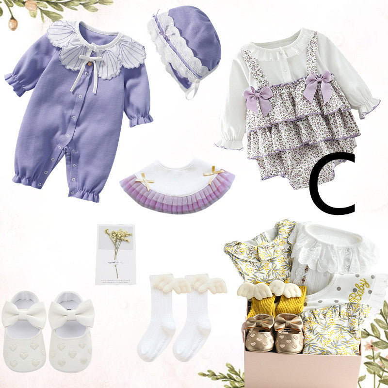 Flag Village Baby Girl Full Moon Gift Box Baby Cotton Romper Suit Princess Dress Clothes