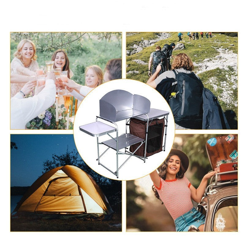 Flag Village Outdoor Camping Double-decker Storage Rack Mobile Barbecue Table