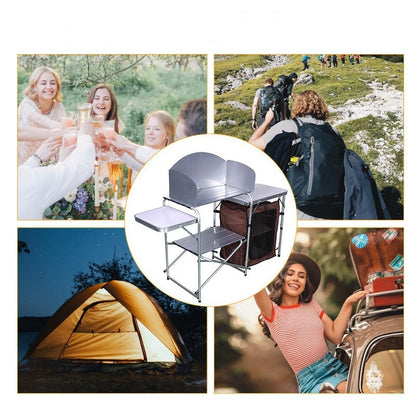 Flag Village Outdoor Camping Double-decker Storage Rack Mobile Barbecue Table
