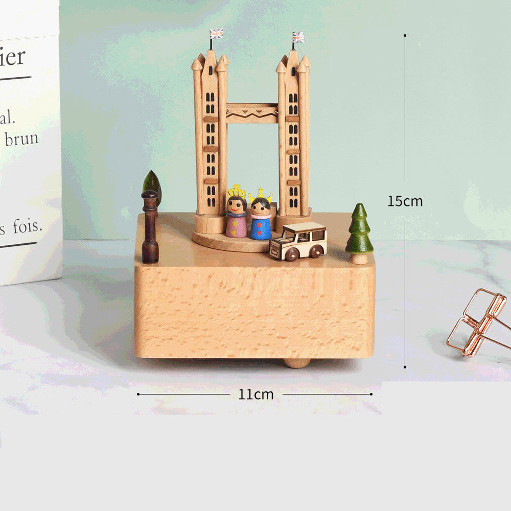 Flag Village Wooden building model music box birthday gift