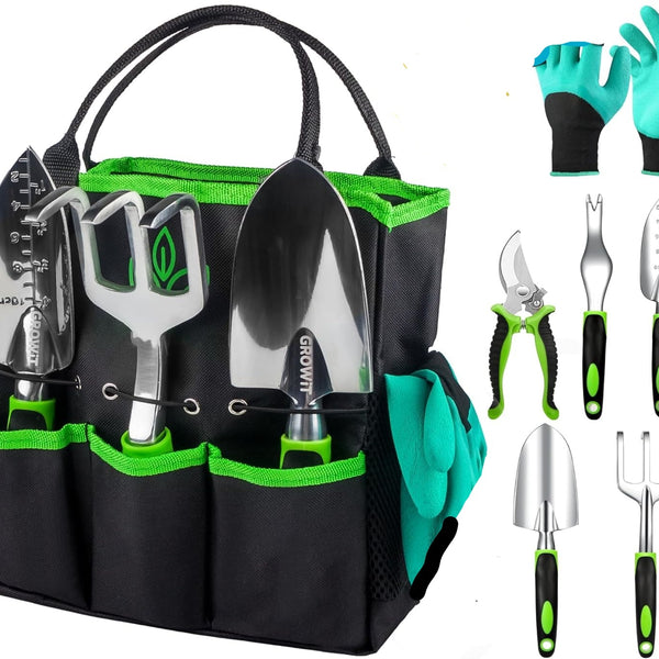 Flag Village Heavy Duty Garden Tools 9Pieces Set - Rust Proof, Ergonomic Gardening Hand Tools Garden Gifts For Mom And Dad