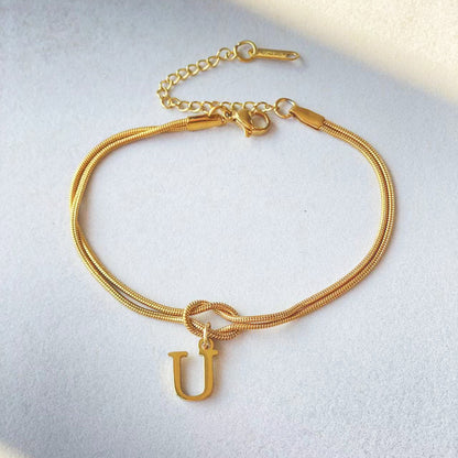 Flag Village New Letter A-Z Love Knot Bracelets For Women Couple Gold Color Dainty Snake Chain Charm Bracelet Stainless Steel Jewelry Gift Valentine's Day Gifts