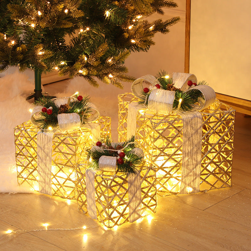Flag Village Christmas Wrought Iron Gift Box Warm White Christmas Ornament Three-piece Set With Battery Box Holiday Light String Boxes