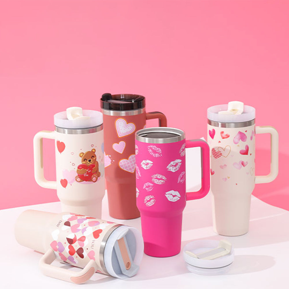 Flag Village 40 Oz Tumbler With Handle Straw Insulated, Stainless Steel Spill Proof Vacuum Coffee Cup Tumbler With Lid Tapered Mug Gifts For Valentine Lover Suitable For Car Gym Office Travel