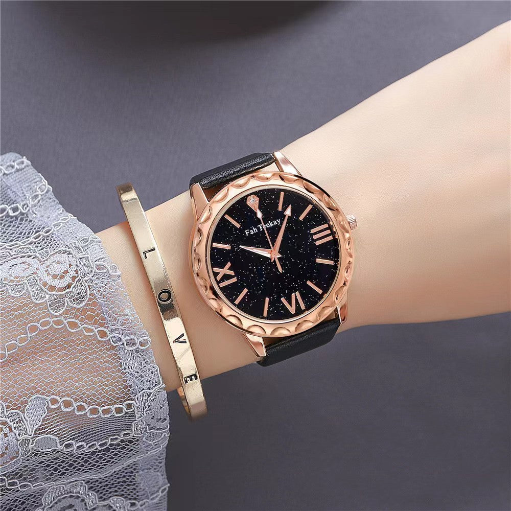 Flag Village Glitter Face Simple Fashion All-match Belt Women's Watch Gift Box Suit Quartz Wrist Watch