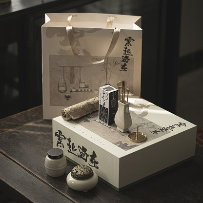 Flag Village Chinese Style Grass And Wood Gray Censer Set Incense Burner Pure Copper Gift Box Tea Ceremony Utensils Ceramic Incense Burner