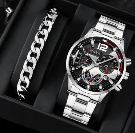 Flag Village 2pcs Men's New Popular Steel Strip Fashion Business Three Eye Quartz Watch Bracelet Set Valentine's Day Gifts