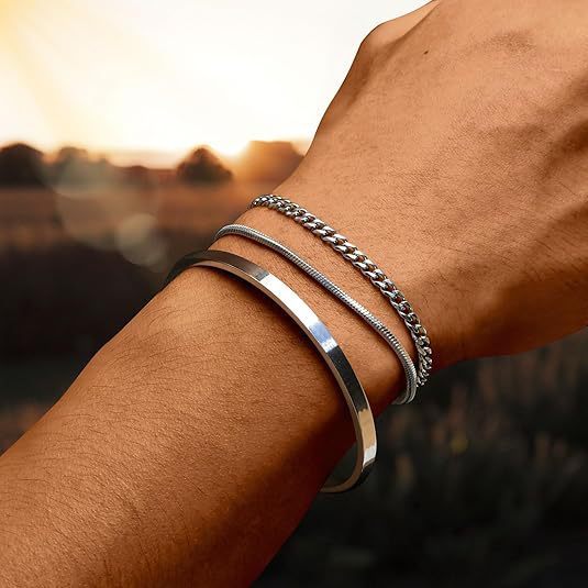 Flag Village Stackable Cuff Stainless Steel Bracelet 3 Pieces Layered Bangle Snake Box Chain Cuban Link Chain Bracelet Set