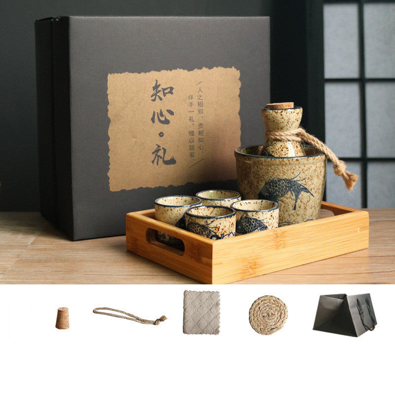 Flag Village Japanese Retro Sake Wine Warmer Gift Box Set Hot Wine Shochu Pot Ceramic Wine Cup White Wine Household Wine Glass