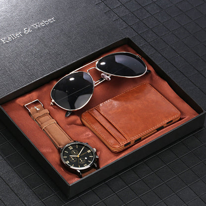 Flag Village New Men's Quartz Watch Set Glasses Wallet Gift Set Box