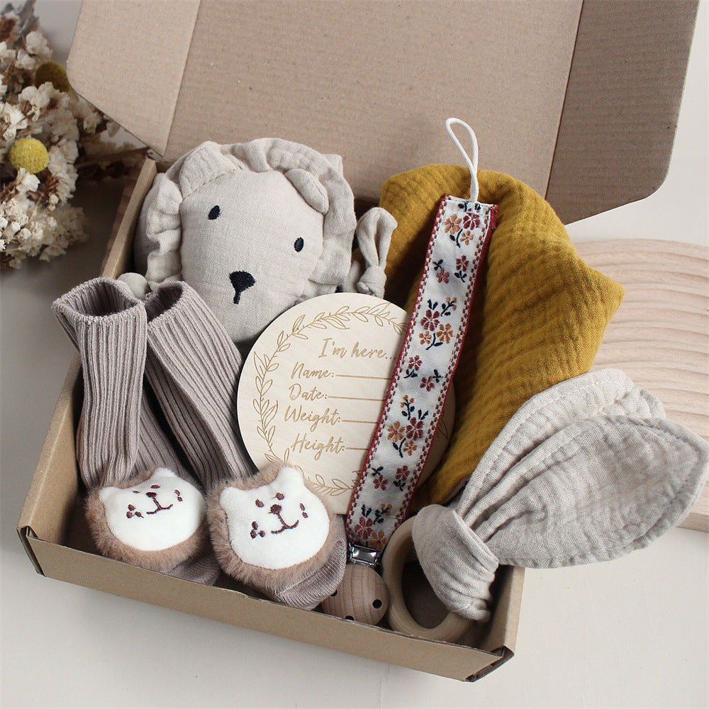Flag Village Baby Rabbit Lion Appeasing Towel Socks Saliva Towel Wash Gift Box Newborn Bite Ring Hair Band Set