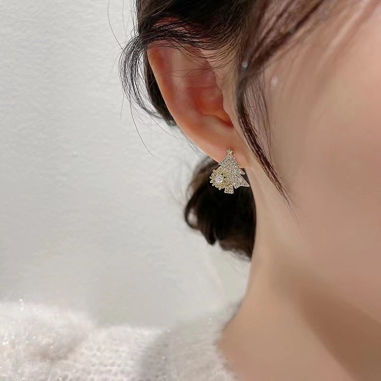 Flag Village Rotatable Christmas Tree Earrings Shiny Rhinestone Snowflake Stud Earring New Year Xmas Festival Ear Jewelry Gifts Autumn And Winter