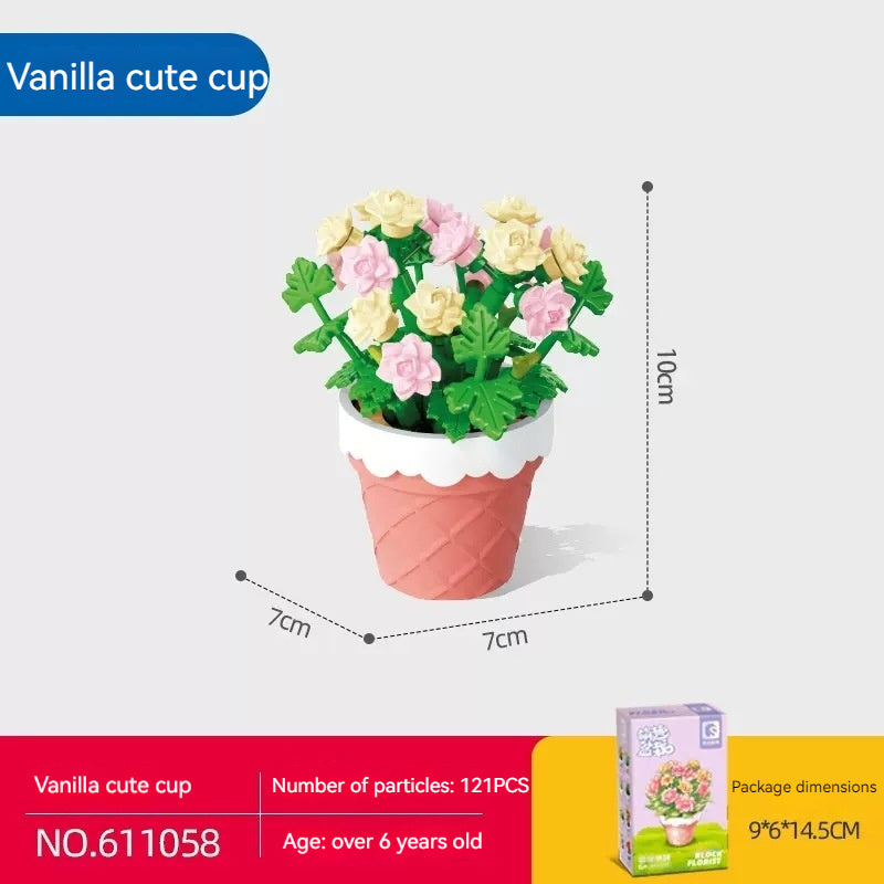 Flag Village Bouquet Plant Potted Rose Handmade DIY Assembling Puzzle Building Blocks Toy Children Gifts