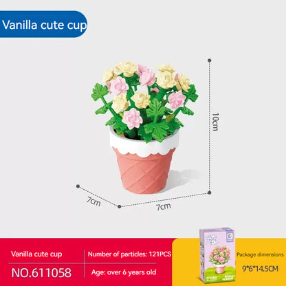 Flag Village Bouquet Plant Potted Rose Handmade DIY Assembling Puzzle Building Blocks Toy Children Gifts