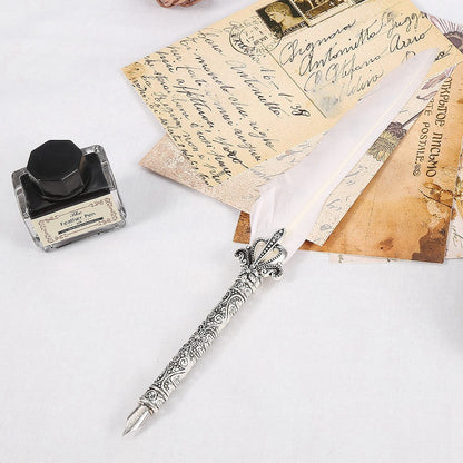 Flag Village European Retro Quill Alloy Feather Writing with Pen Nibs&Gift Box Set With Ink Bottle White