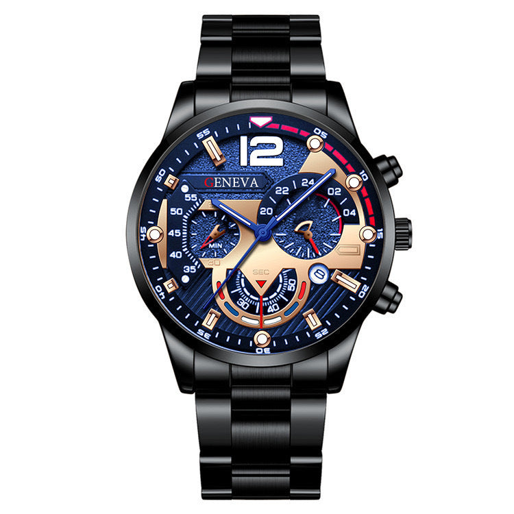 Flag Village 2pcs Men's New Popular Steel Strip Fashion Business Three Eye Quartz Watch Bracelet Set Valentine's Day Gifts