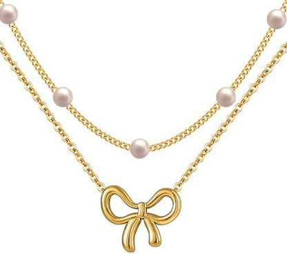 Flag Village Simple Pearl Double Layer Choker Fashion Gold Color Necklaces Chain Small Bow Pendant Necklace Jewelry Gifts For Women Fashion Jewelry Valentine's Day Gifts