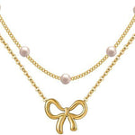 Flag Village Simple Pearl Double Layer Choker Fashion Gold Color Necklaces Chain Small Bow Pendant Necklace Jewelry Gifts For Women Fashion Jewelry Valentine's Day Gifts