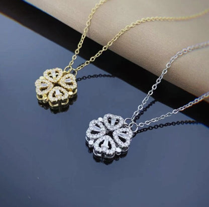 Flag Village Retro Magnetic Folding Heart Shaped Four Leaf Clover Pendant Necklace Women Love Clavicle Chain Gifts Openable Choker Jewelry