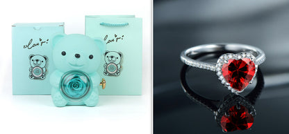 Flag Village Eternal Rose Teddy Bear Gifts Box With Necklace Rotate Rose Jewelry Box Valentine Wedding Storage Gift Case For Women Girlfriend