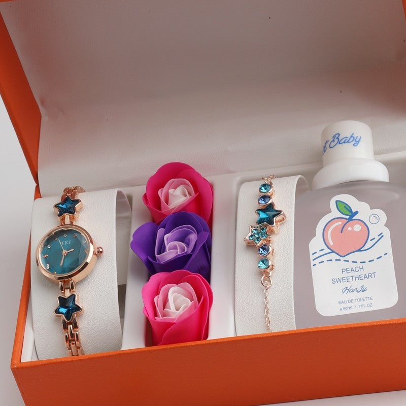 Flag Village Valentine's Day Fine Gifts Women's Rose Gift Box Watch Bracelet Perfume Exquisite Set Quartz Wrist Watch