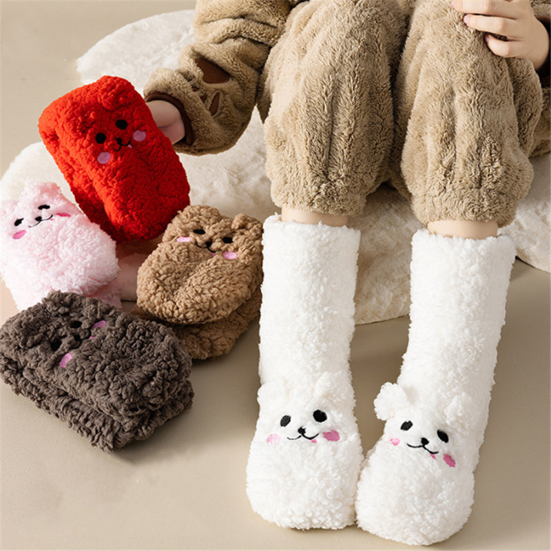 Flag Village Winter Floor Socks Velvet Thicken Warm Coral Velvet Cute Socks Japanese-style Home Footwear Non-slip Socks New Year Gifts Winter Gadgets