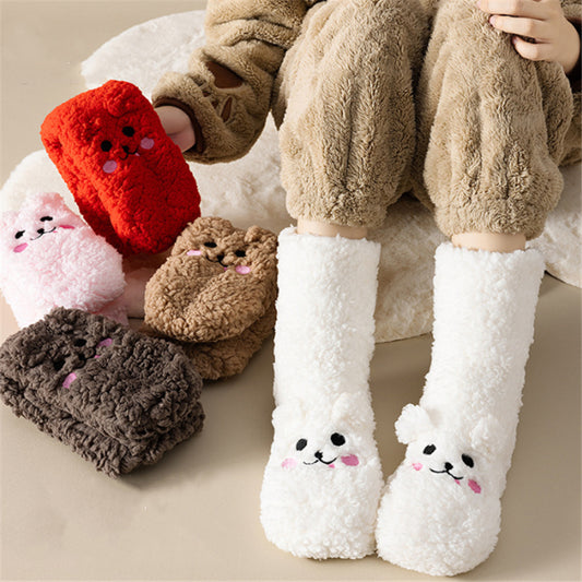 Flag Village Winter Floor Socks Velvet Thicken Warm Coral Velvet Cute Socks Japanese-style Home Footwear Non-slip Socks New Year Gifts Winter Gadgets