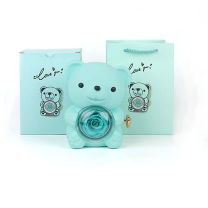 Flag Village Eternal Rose Teddy Bear Gifts Box With Necklace Rotate Rose Jewelry Box Valentine Wedding Storage Gift Case For Women Girlfriend