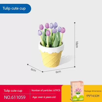 Flag Village Bouquet Plant Potted Rose Handmade DIY Assembling Puzzle Building Blocks Toy Children Gifts