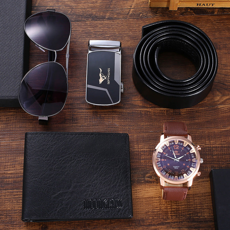 Flag Village Fashion Creative Personality Watch Glasses Belt Wallet Set Gift Box