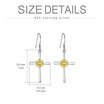 Flag Village Sunflower Earrings Sterling Silver Cross Dangle Drop Hooks Earrings Sunflower Flower Jewelry Gifts for Women Teens Birthday