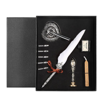 Flag Village European Retro Quill Alloy Feather Writing with Pen Nibs&Gift Box Set With Ink Bottle White