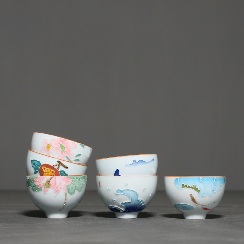 Flag Village Hand-painted Flower Kung Fu Tea Set Ceramic Household Tea Cup Gift Box
