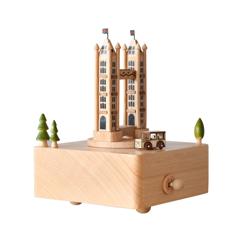 Flag Village Wooden building model music box birthday gift