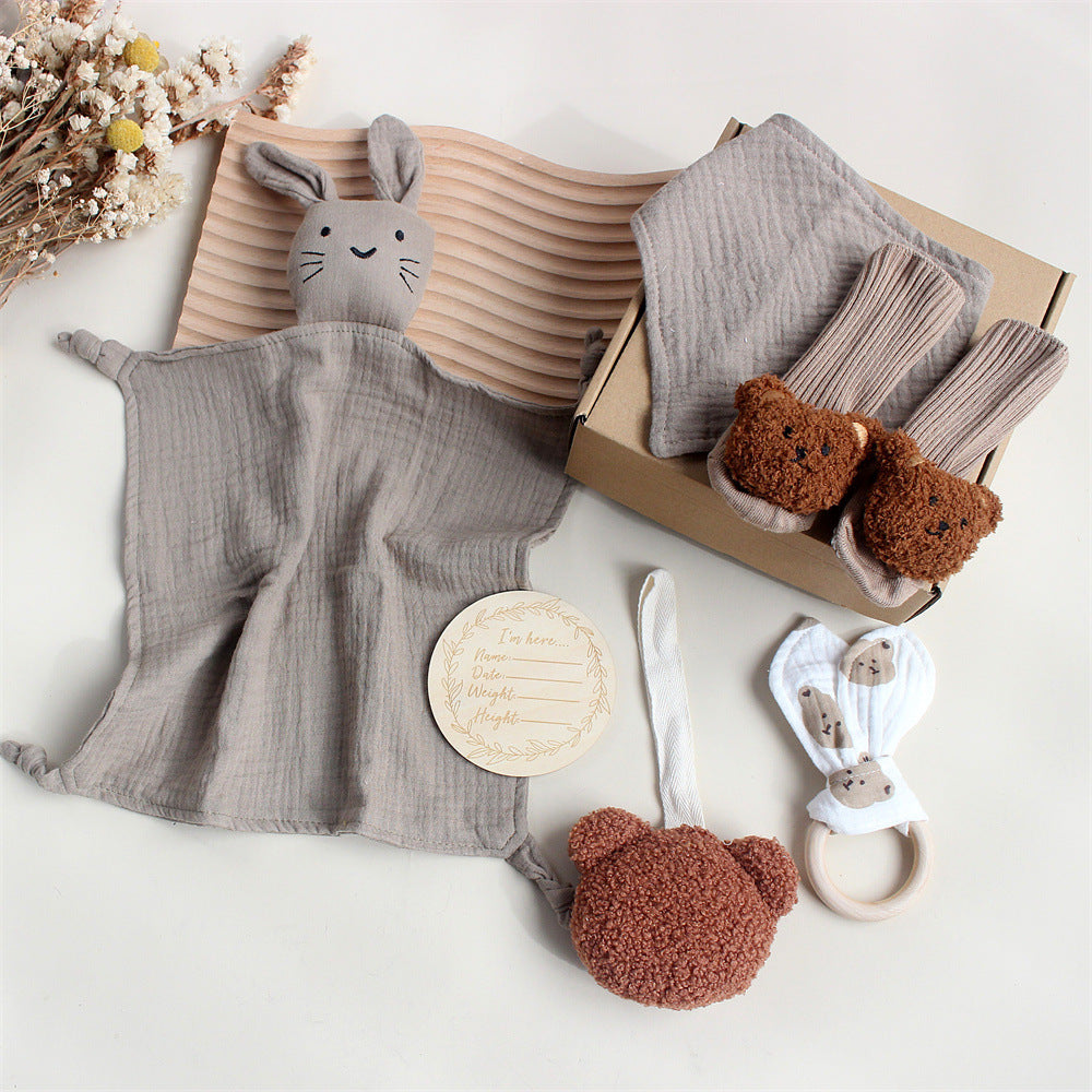 Flag Village Baby Rabbit Lion Appeasing Towel Socks Saliva Towel Wash Gift Box Newborn Bite Ring Hair Band Set