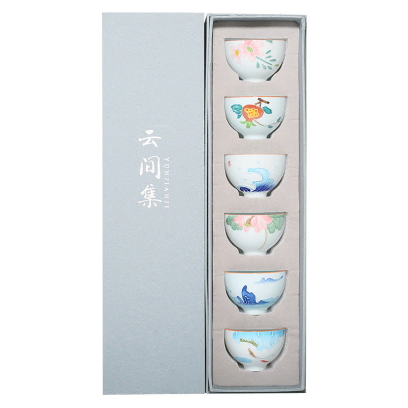 Flag Village Hand-painted Flower Kung Fu Tea Set Ceramic Household Tea Cup Gift Box