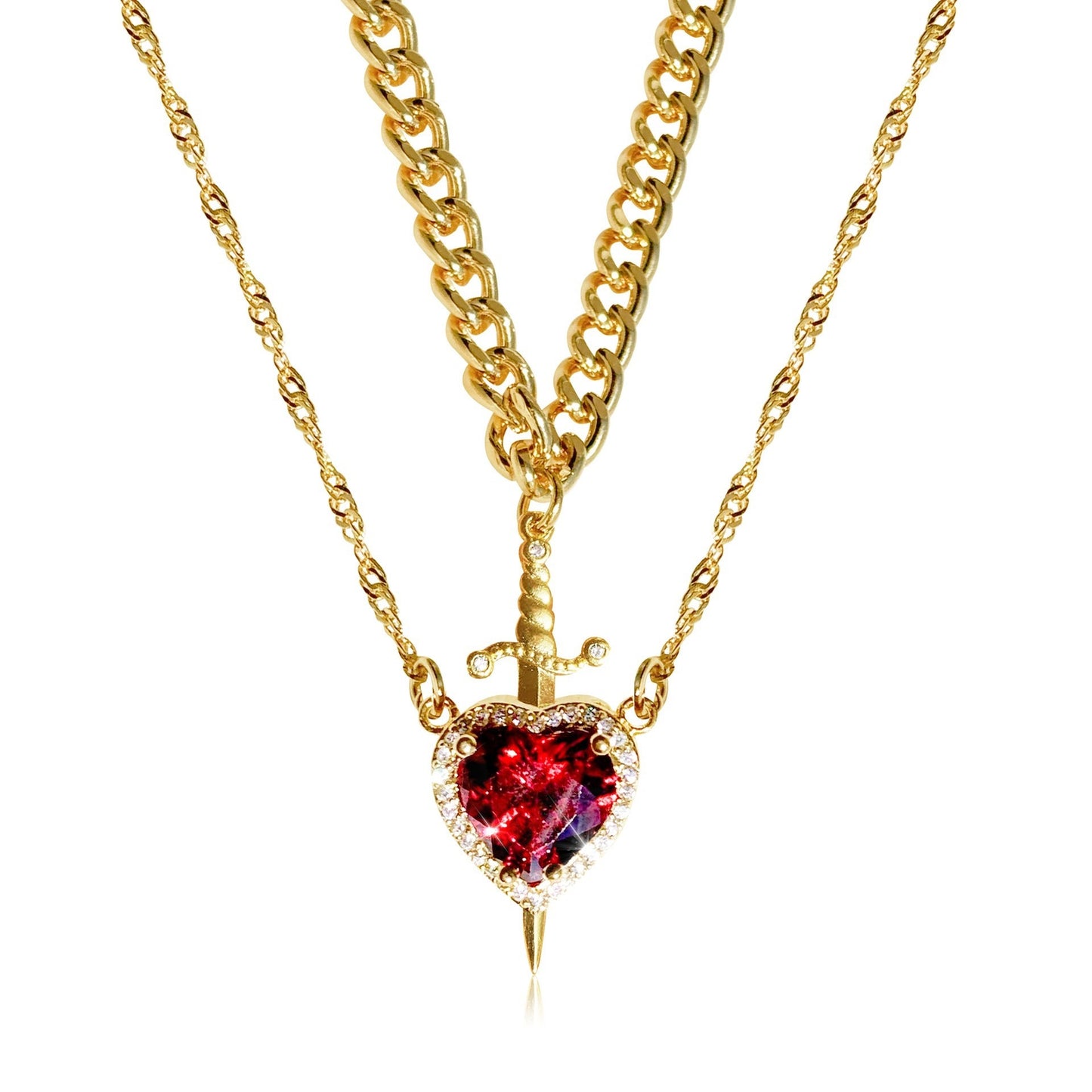 Flag Village New Heart And Sword Necklace Set Gold Color Stainless Steel Crystal Couple Necklaces For Women Men Boyfriend Girlfriend Gifts