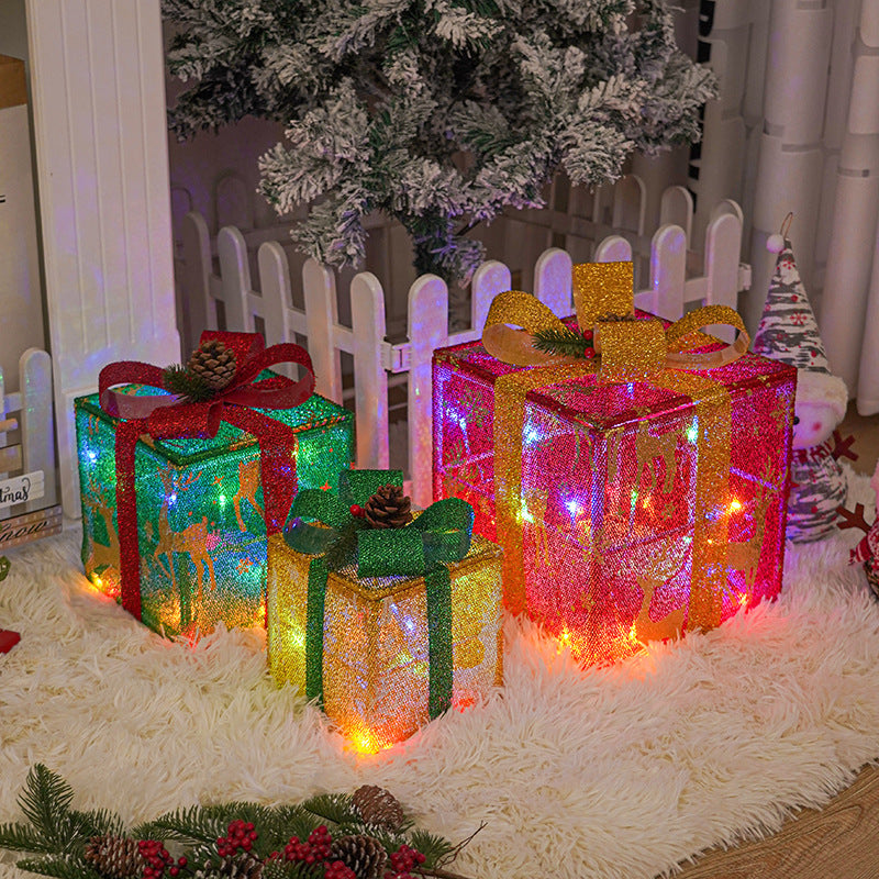 Flag Village Lighted Up Outdoor Christmas Decorations Luminous Christmas Gift Box With Bow For Holiday Christmas Tree Home Yard Decor