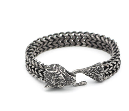Flag Village Bracelet Men Stainless Steel Vintage Black Wolf Head Cuban Chain Hand Wristband Male Fashion Jewelry Wholesale Accessories Gifts