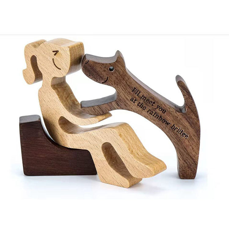 Flag Village DIY Figurine Wood Dog Ornament Sculpture Home Decoration A Man A Dog Wood Sculpture Christmas Gifts Model Decor
