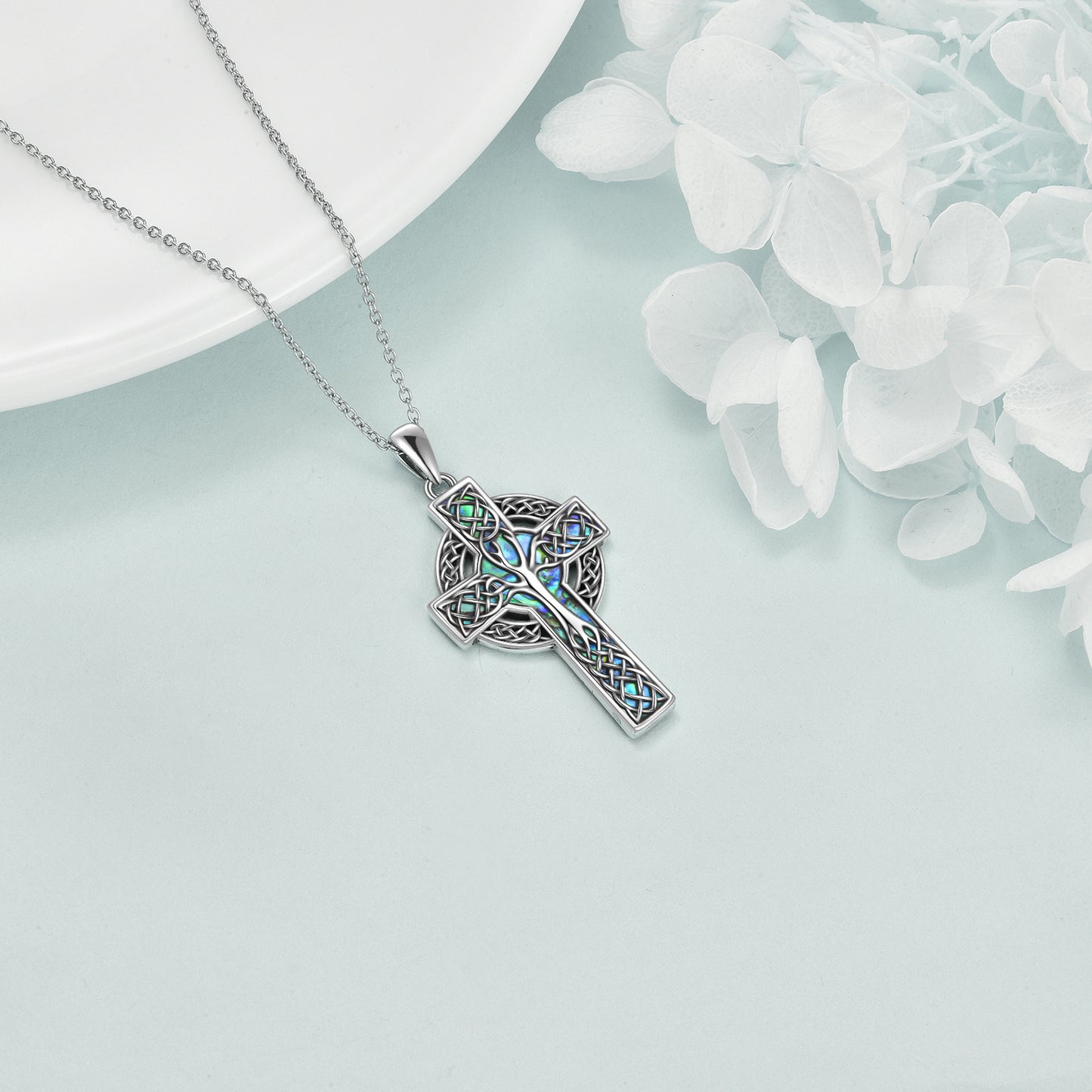 Flag Village 925 Sterling Silver Abalone Celtic Cross Pendant Necklace Jewelry Gifts