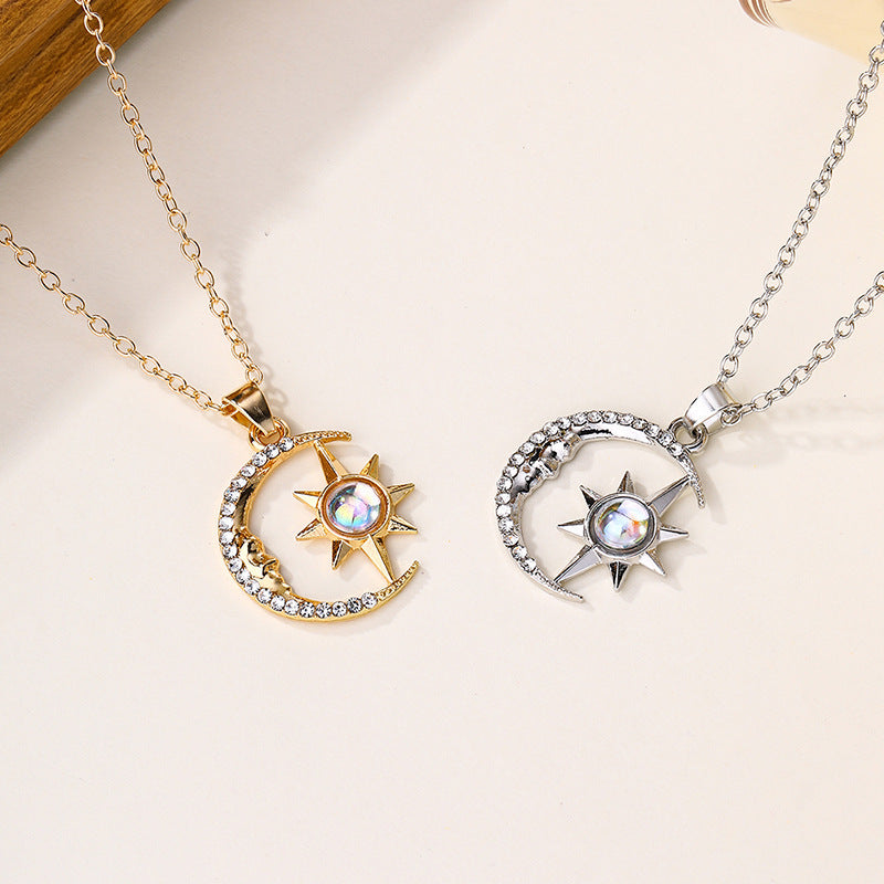 Flag Village Fashion Jewelry Fashion Moon Star Zircon Pendant Necklace Stainless Steel Light Luxury Choker Jewelry Party Gifts For Women Girls