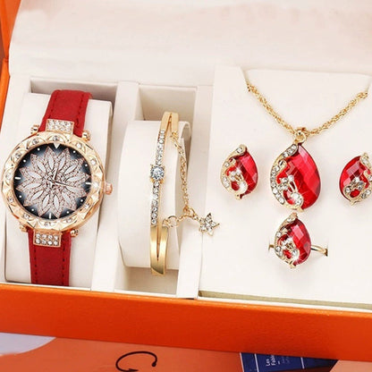 Flag Village Women's Suit Gift 5-piece Set Watch Bracelet Ring Necklace Earrings Combination Gift Box