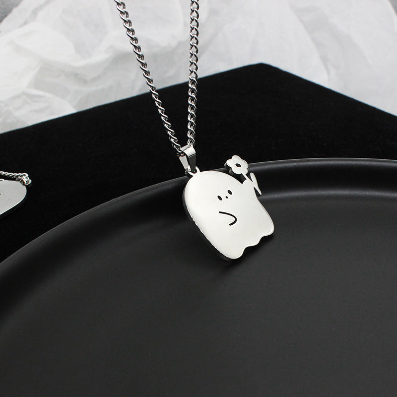 Flag Village Stainless Steel Cute Ghost Couple Necklace Kawaii Animal Cat Pendant Necklace Lovers Friendship Jewelry Gifts