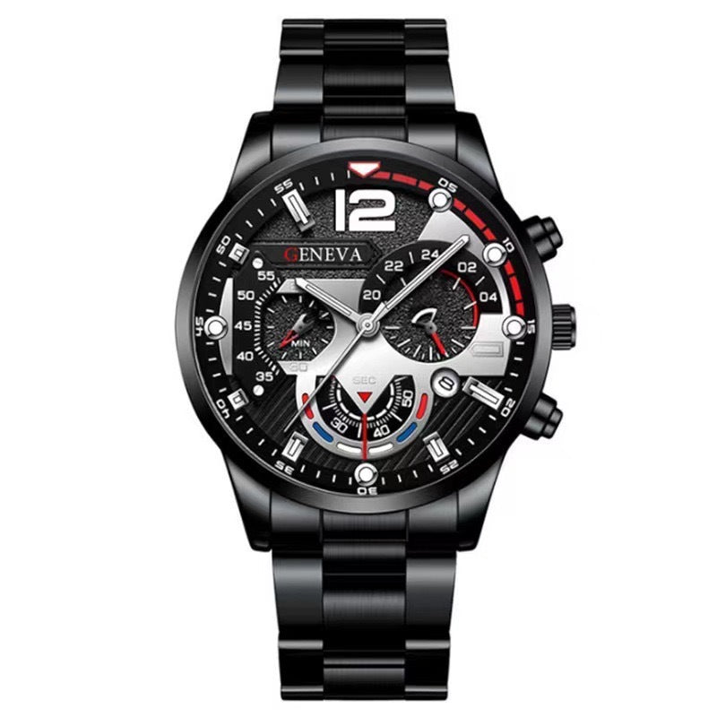 Flag Village 2pcs Men's New Popular Steel Strip Fashion Business Three Eye Quartz Watch Bracelet Set Valentine's Day Gifts