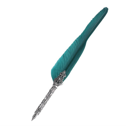 Retro Quill Feather Writing Pen Gift Box with Empty Ink Bottle Quill Set for Teacher Ink Green