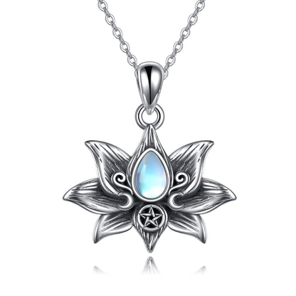 Flag Village Sterling Silver Moonstone Lotus Flower Pendant Necklace Jewelry Gifts for Women